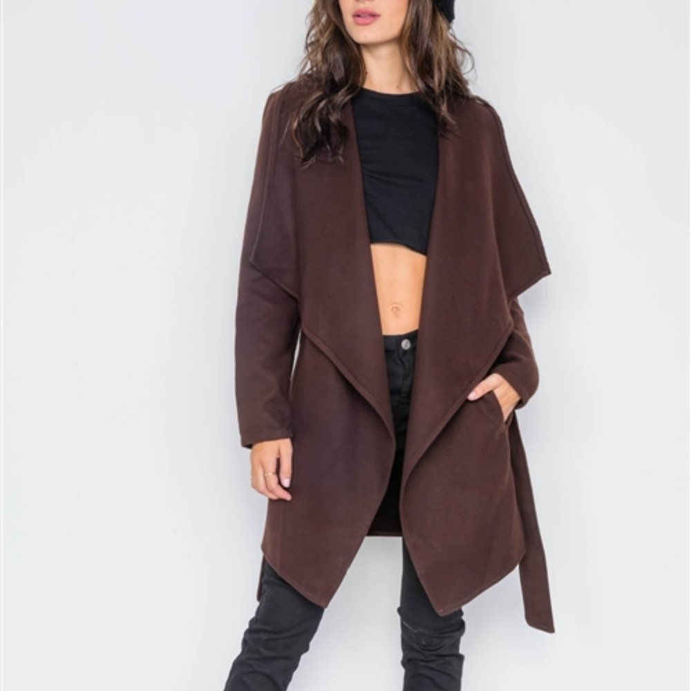 DRAPE-FRONT SHAWL COLLAR LONG SLEEVE COAT